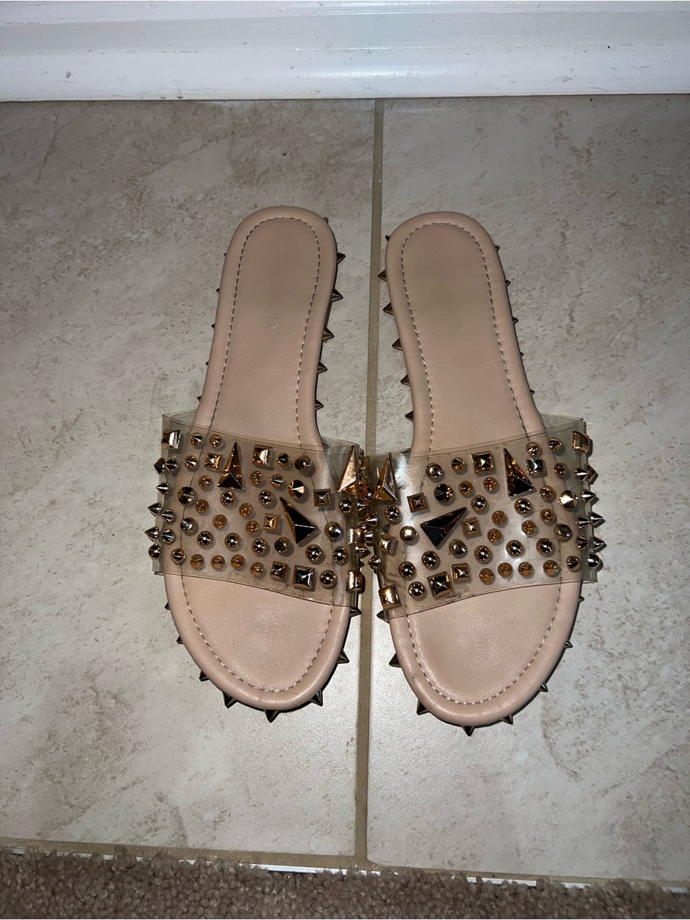 Cape Robbin Nude Slide Sandals with Gold Studs